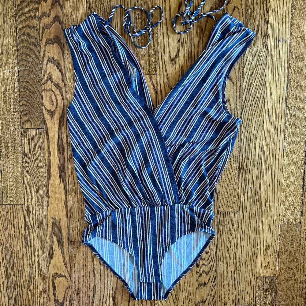 BCBG Generation Striped Open Back Blouse Bodysuit